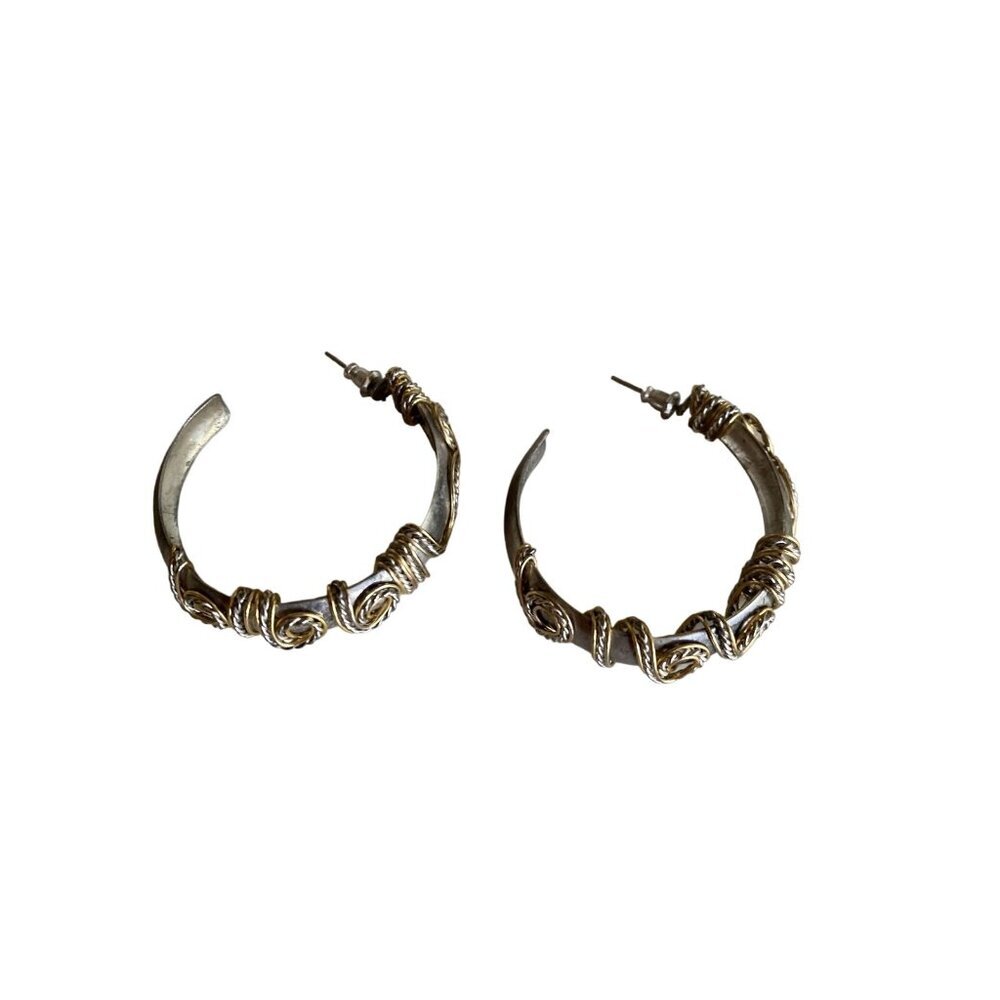 Vintage Silver & Gold-Tone Hoop Earrings With Intricate Wire Wrap Design